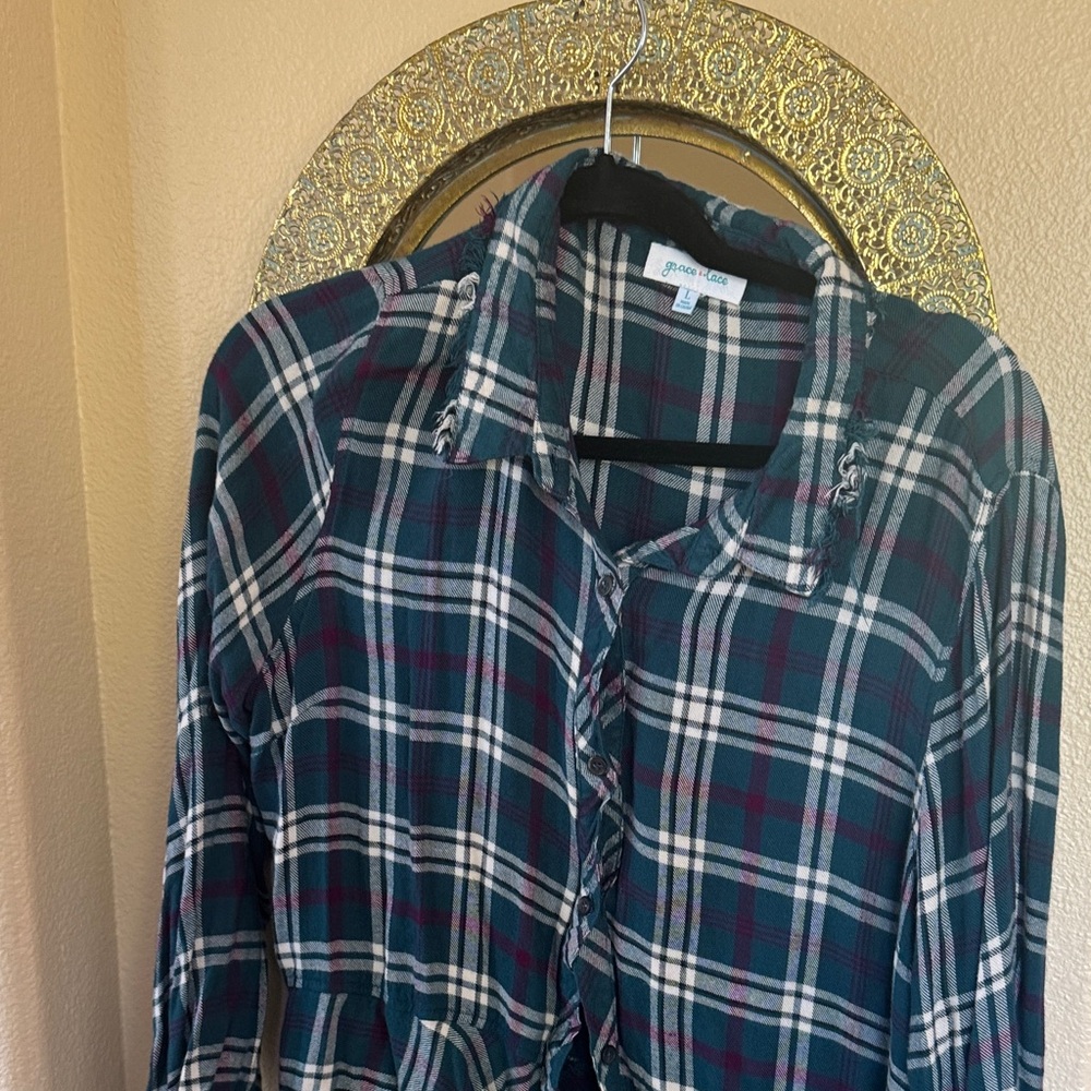 Grace & Lace Plaid Button Down Shirt - Green and Red